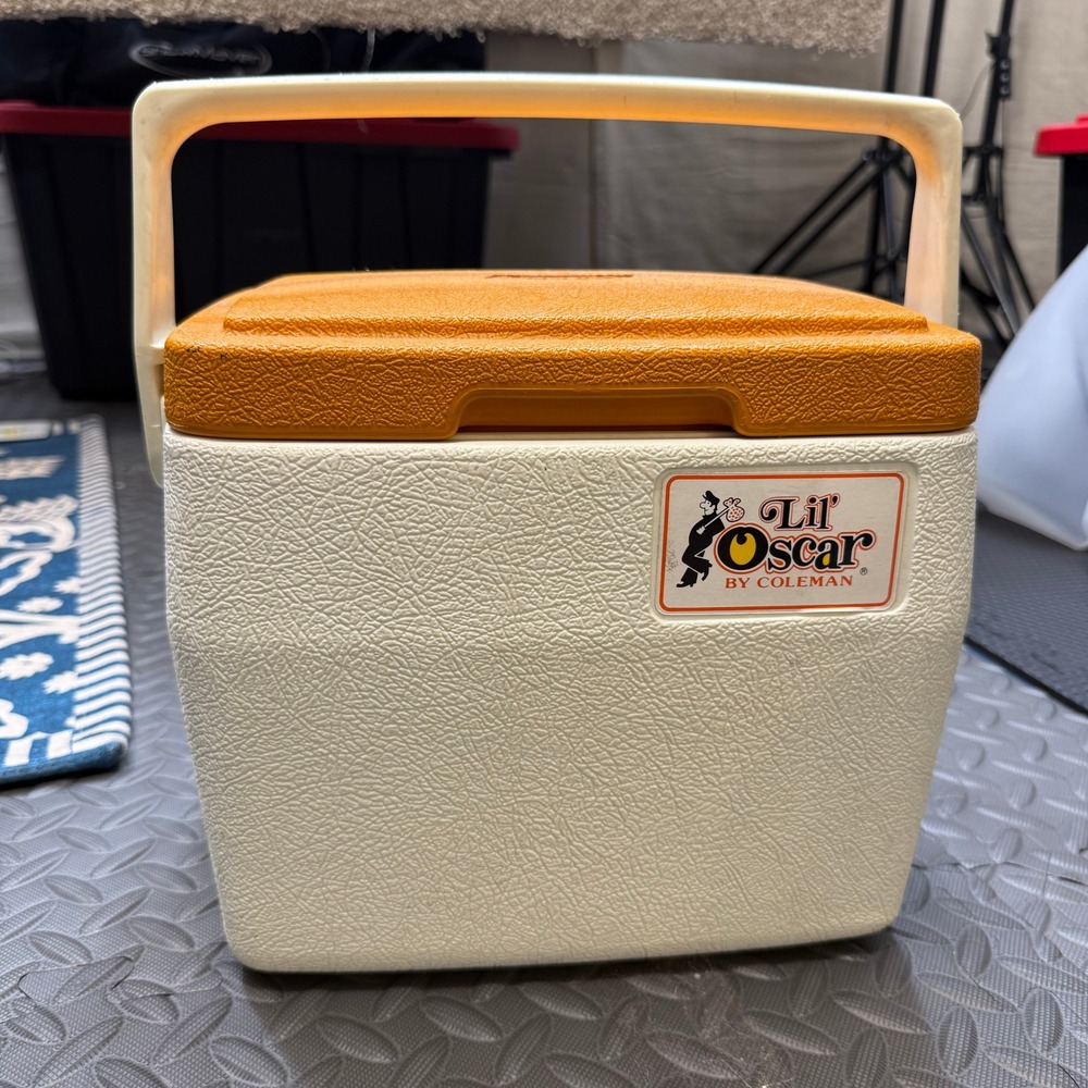 VTG Coleman Lil Oscar Cooler Model 5272 Orange Lid White Base Retro Camping Gear